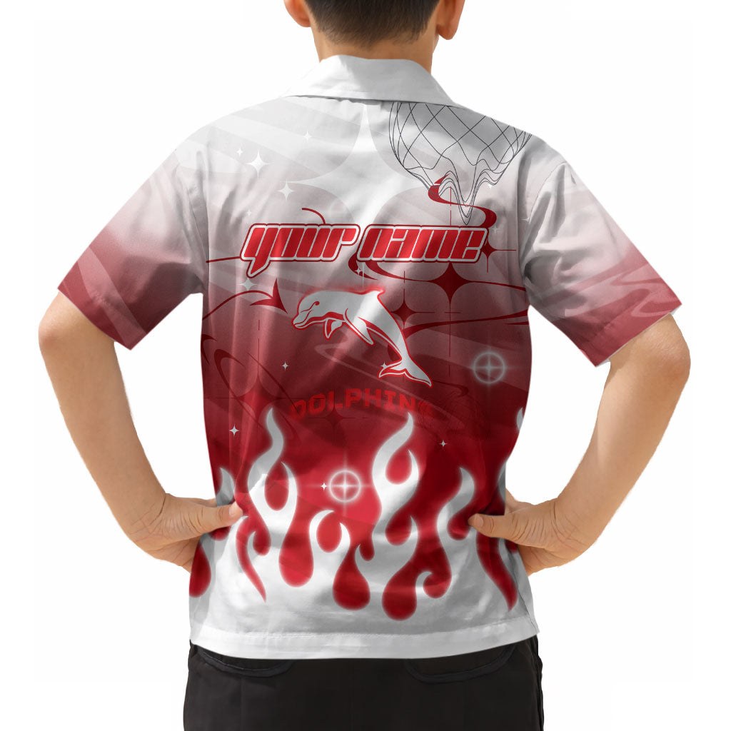 Personalized Dolphins Kid Hawaiian Shirt Y2K Grunge Aesthetic With Cyber Flames and Starburst Graphics