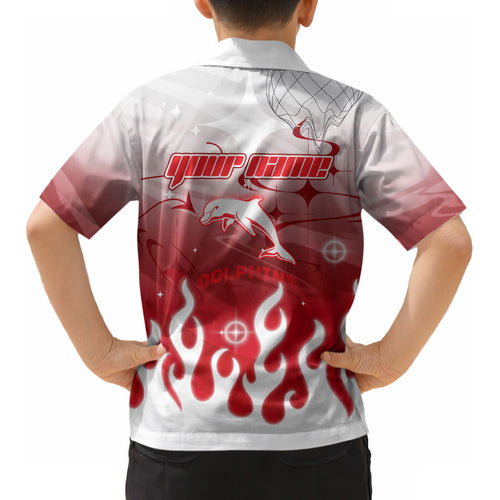 Personalized Dolphins Kid Hawaiian Shirt Y2K Grunge Aesthetic With Cyber Flames and Starburst Graphics