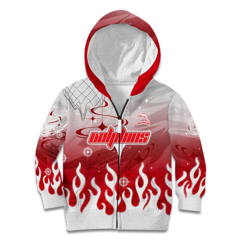 Personalized Dolphins Kid Hoodie Y2K Grunge Aesthetic With Cyber Flames and Starburst Graphics