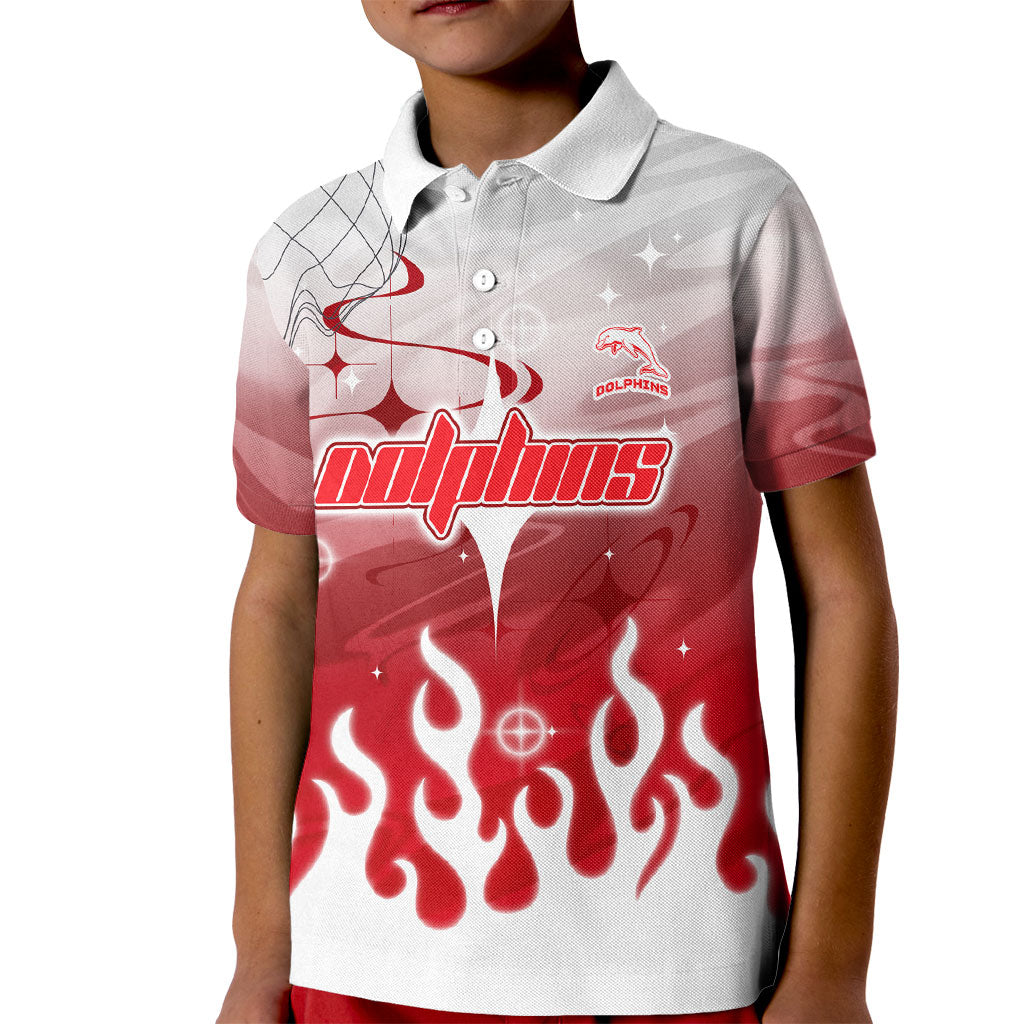 Personalized Dolphins Kid Polo Shirt Y2K Grunge Aesthetic With Cyber Flames and Starburst Graphics