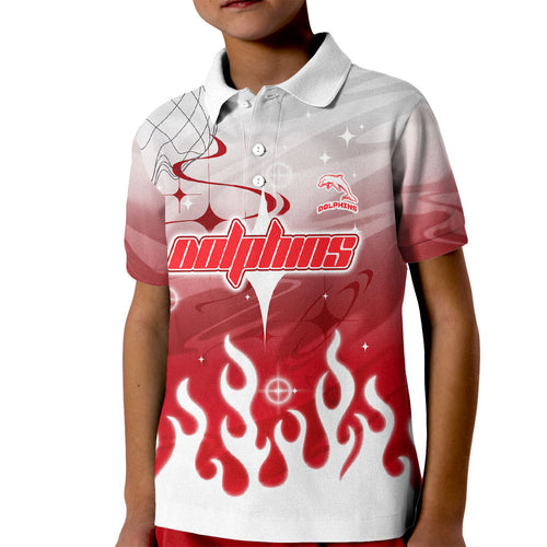 Personalized Dolphins Kid Polo Shirt Y2K Grunge Aesthetic With Cyber Flames and Starburst Graphics