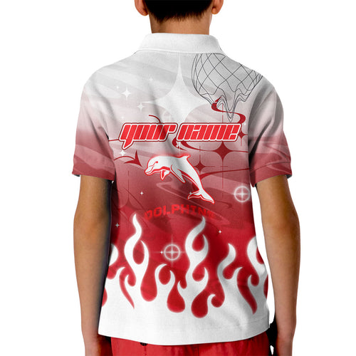 Personalized Dolphins Kid Polo Shirt Y2K Grunge Aesthetic With Cyber Flames and Starburst Graphics