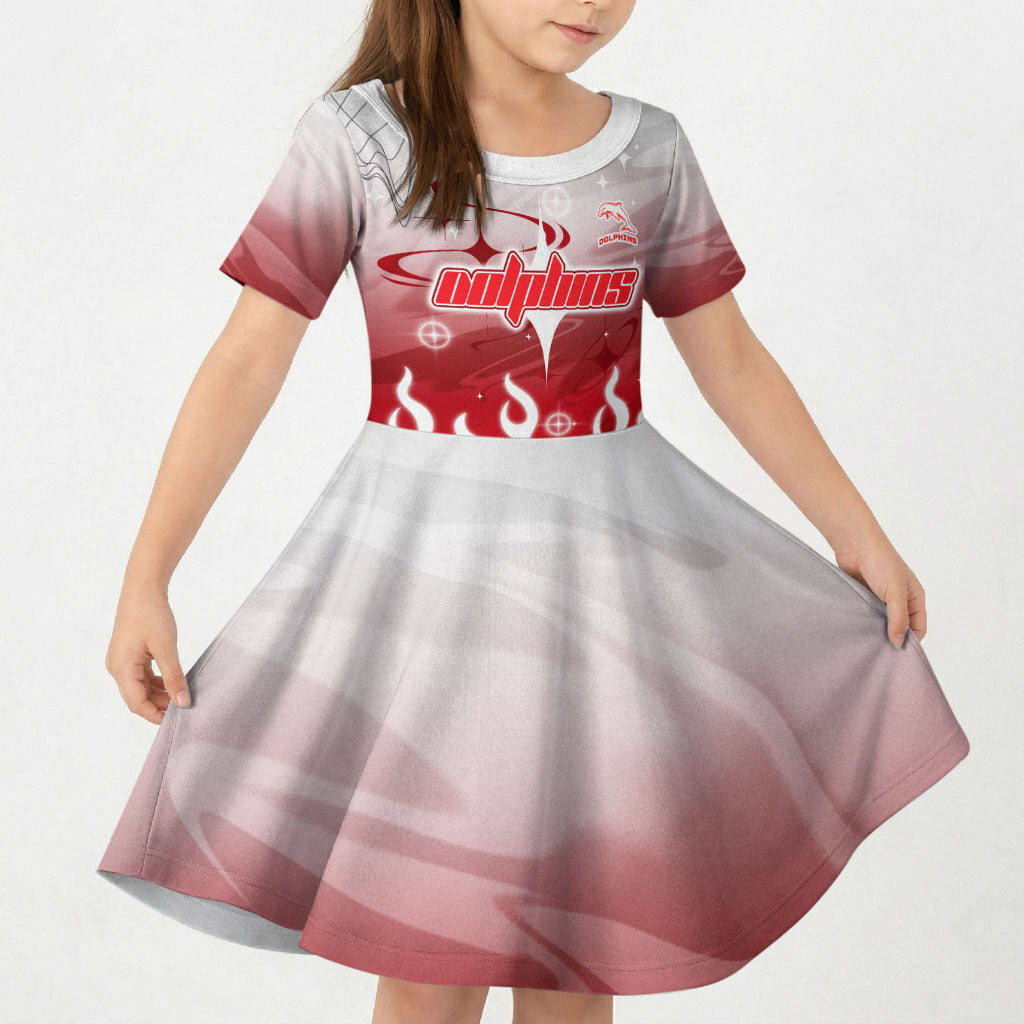 Personalized Dolphins Kid Short Sleeve Dress Y2K Grunge Aesthetic With Cyber Flames and Starburst Graphics