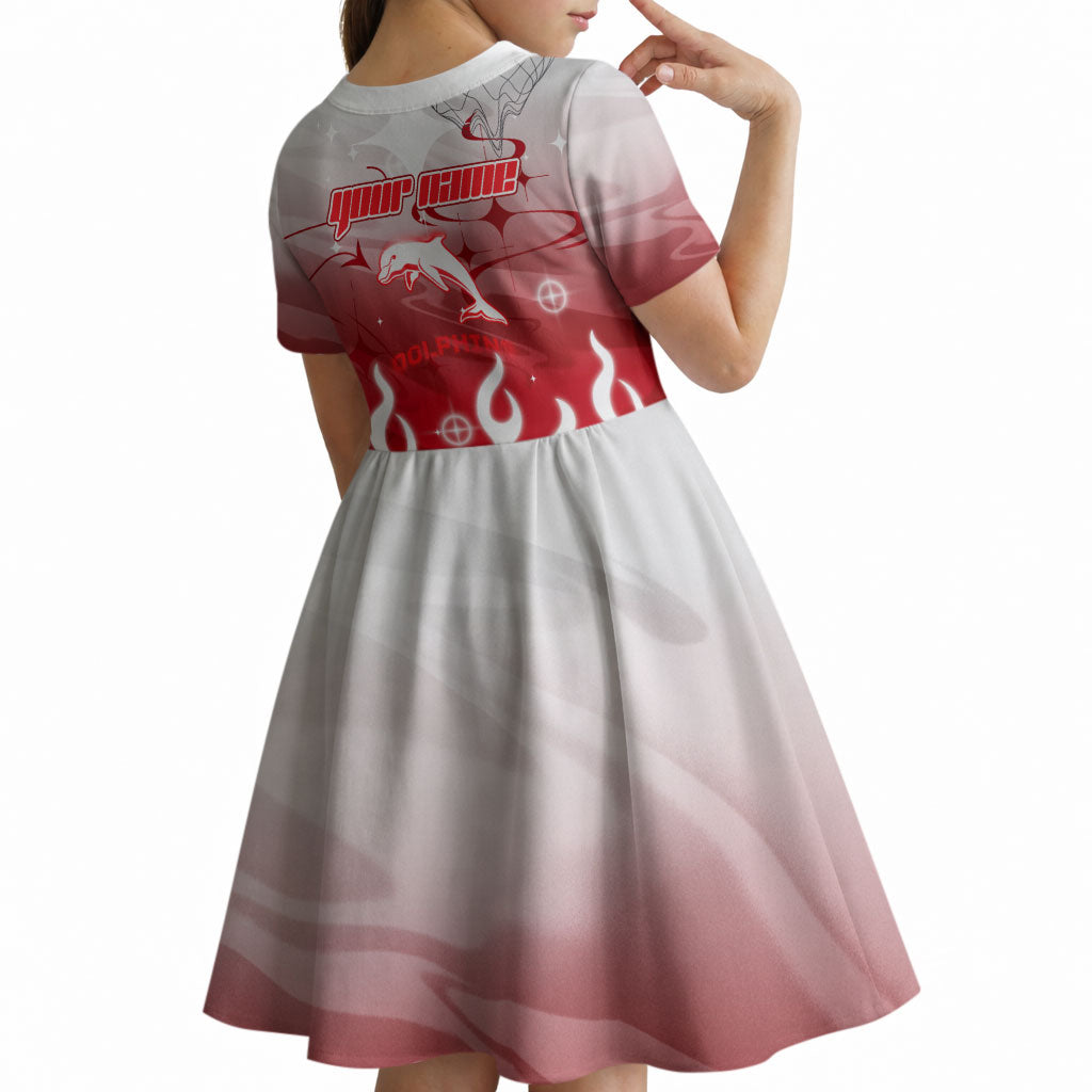 Personalized Dolphins Kid Short Sleeve Dress Y2K Grunge Aesthetic With Cyber Flames and Starburst Graphics