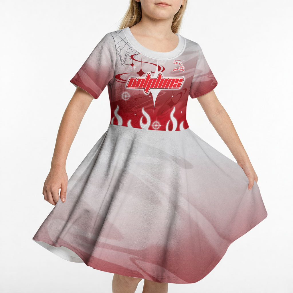 Personalized Dolphins Kid Short Sleeve Dress Y2K Grunge Aesthetic With Cyber Flames and Starburst Graphics
