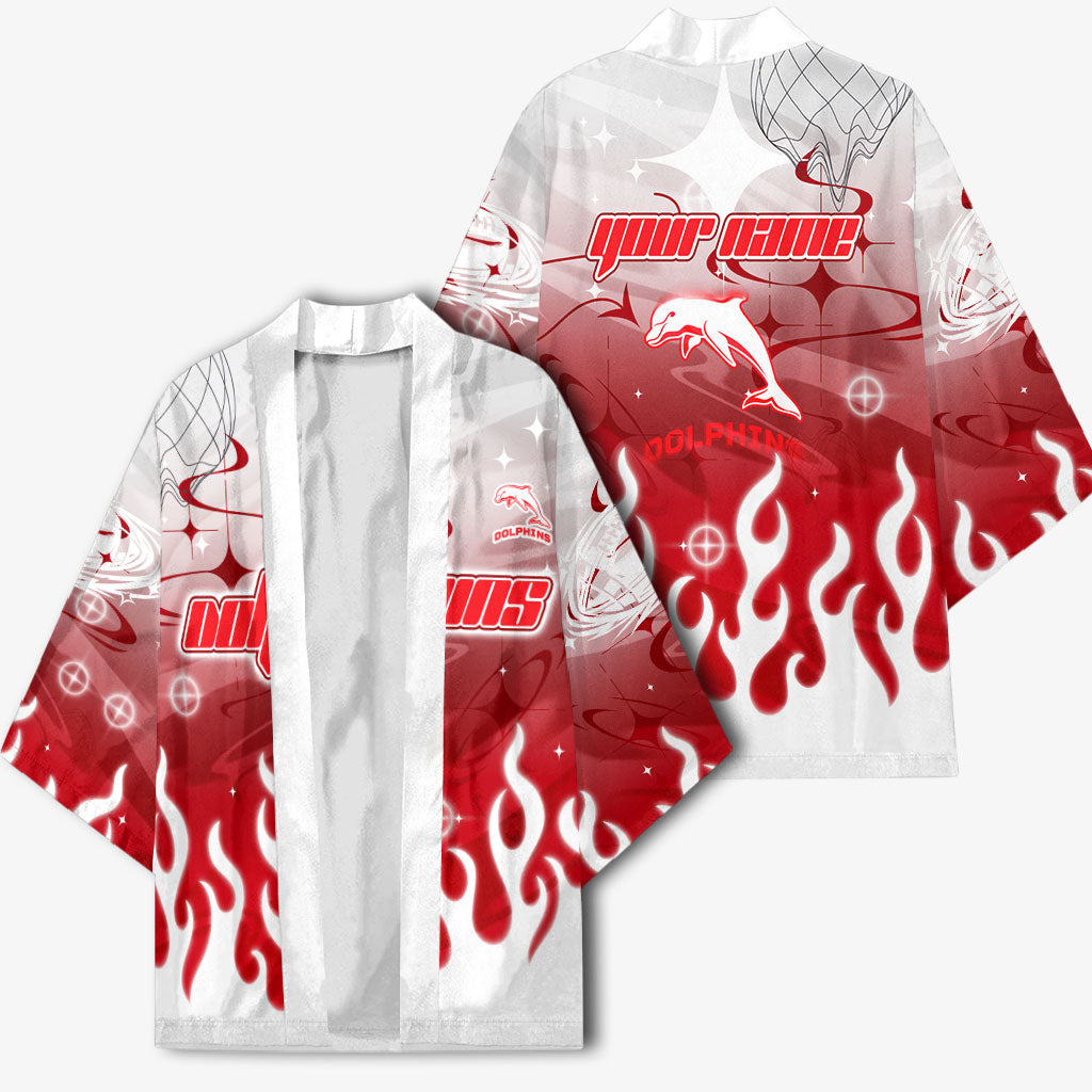 Personalized Dolphins Kimono Y2K Grunge Aesthetic With Cyber Flames and Starburst Graphics