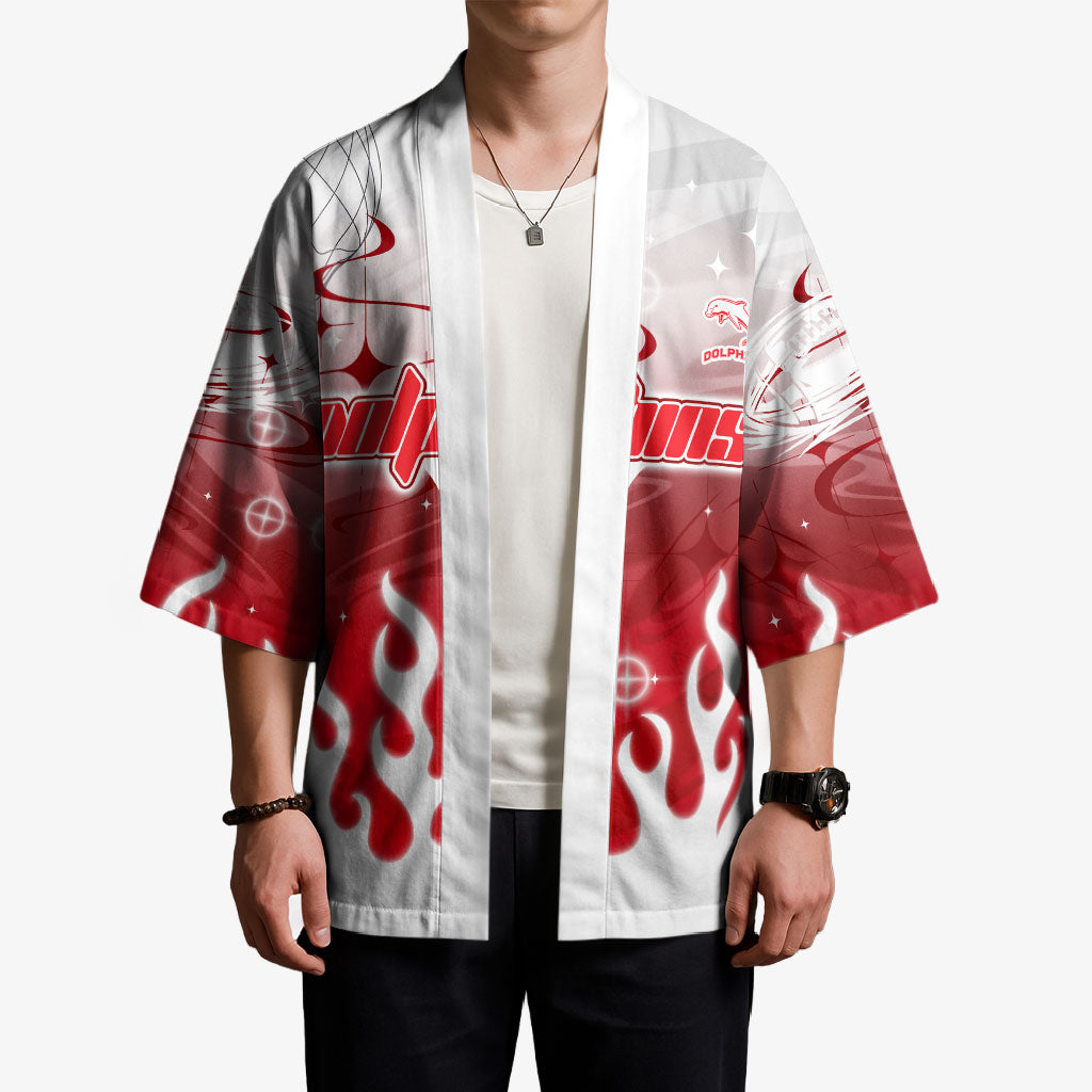 Personalized Dolphins Kimono Y2K Grunge Aesthetic With Cyber Flames and Starburst Graphics