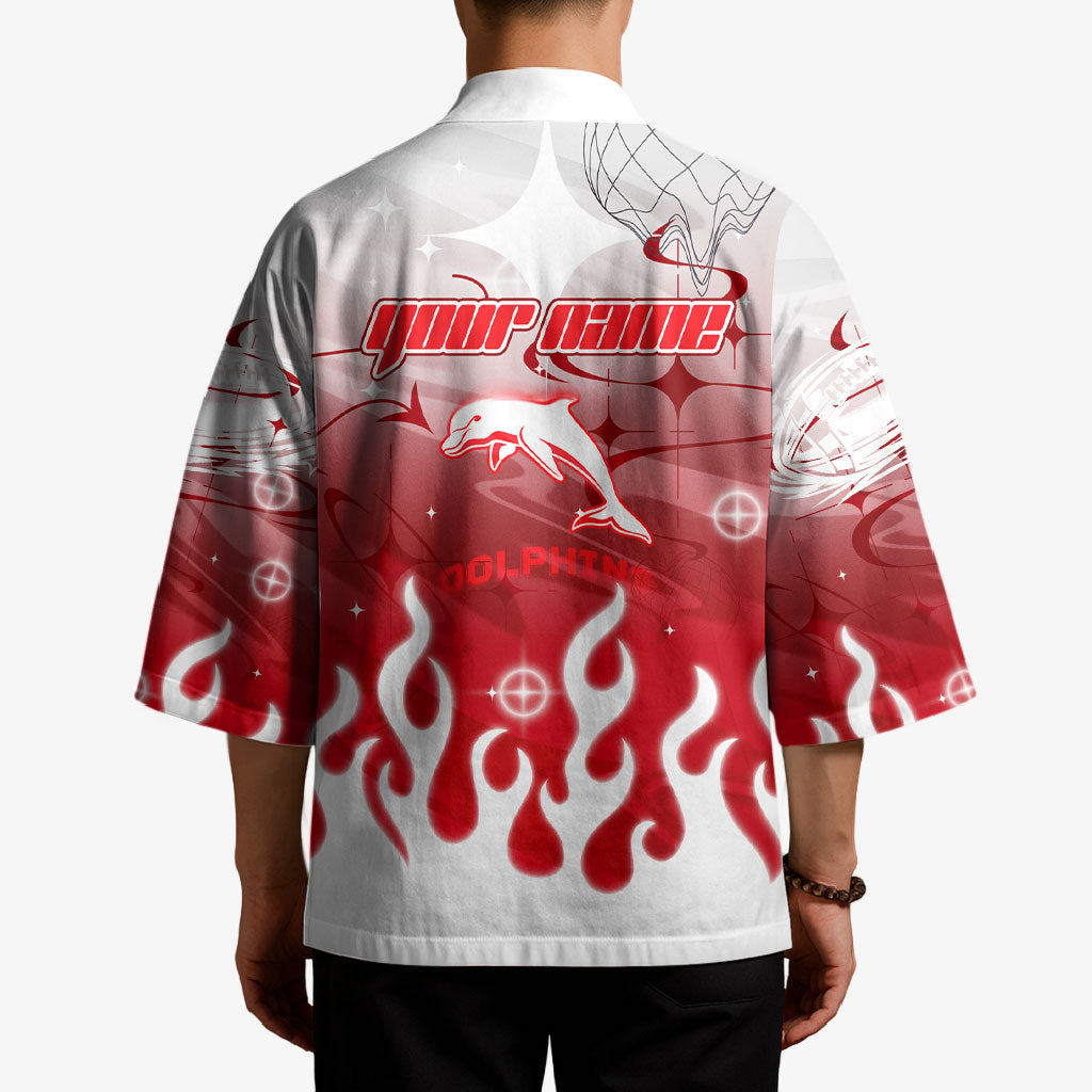 Personalized Dolphins Kimono Y2K Grunge Aesthetic With Cyber Flames and Starburst Graphics