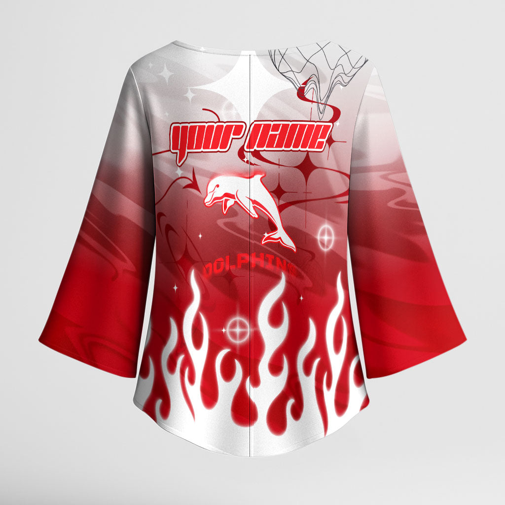 Personalized Dolphins Kimono Sleeve Blouse Y2K Grunge Aesthetic With Cyber Flames and Starburst Graphics