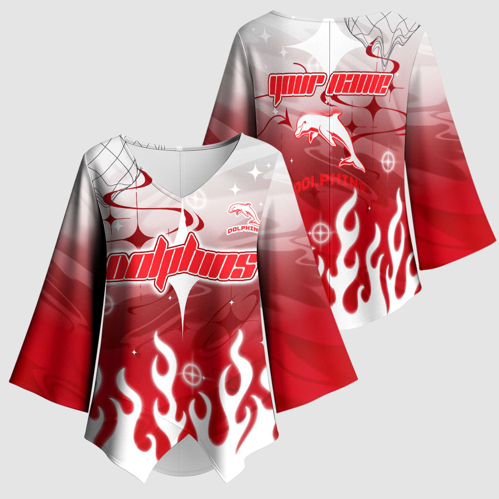 Personalized Dolphins Kimono Sleeve Blouse Y2K Grunge Aesthetic With Cyber Flames and Starburst Graphics
