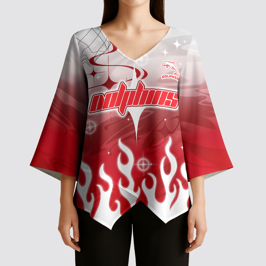 Personalized Dolphins Kimono Sleeve Blouse Y2K Grunge Aesthetic With Cyber Flames and Starburst Graphics