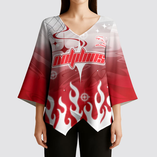 Personalized Dolphins Kimono Sleeve Blouse Y2K Grunge Aesthetic With Cyber Flames and Starburst Graphics