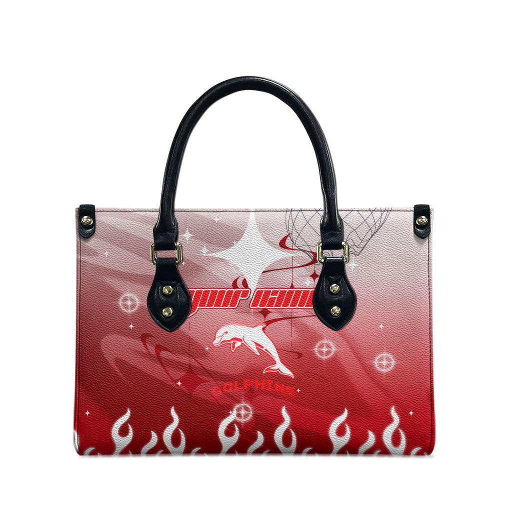 Personalized Dolphins Leather Bag Y2K Grunge Aesthetic With Cyber Flames and Starburst Graphics