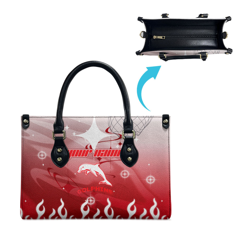 Personalized Dolphins Leather Bag Y2K Grunge Aesthetic With Cyber Flames and Starburst Graphics