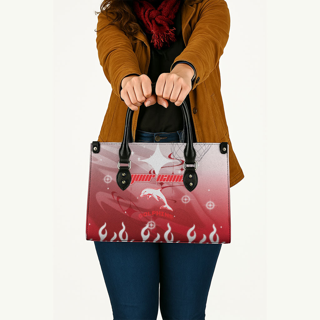 Personalized Dolphins Leather Bag Y2K Grunge Aesthetic With Cyber Flames and Starburst Graphics