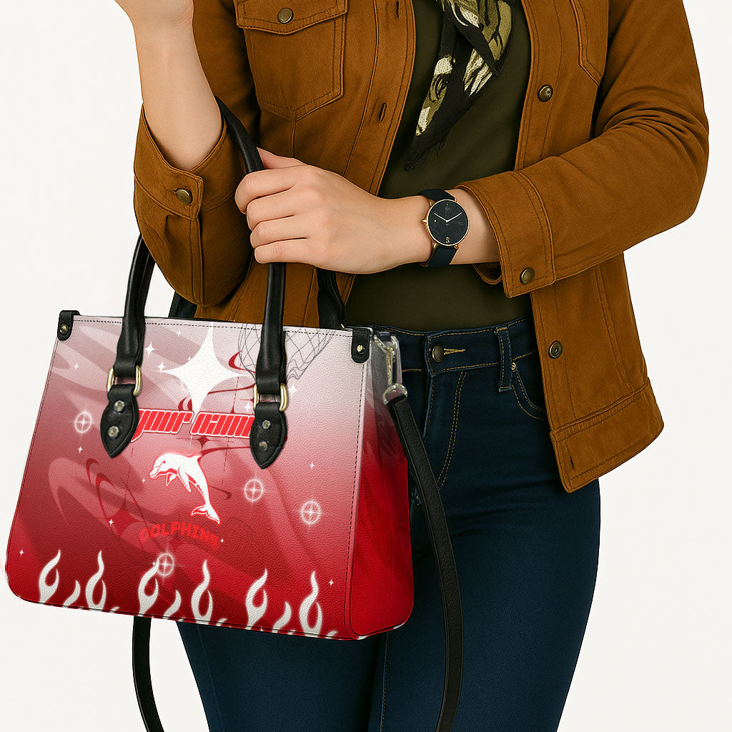 Personalized Dolphins Leather Bag Y2K Grunge Aesthetic With Cyber Flames and Starburst Graphics
