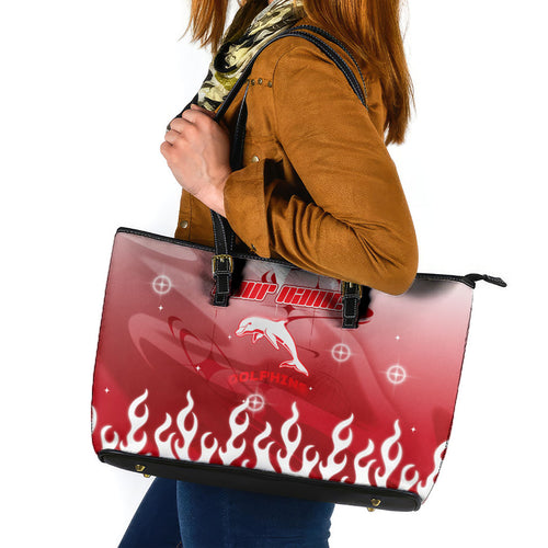 Personalized Dolphins Leather Tote Bag Y2K Grunge Aesthetic With Cyber Flames and Starburst Graphics
