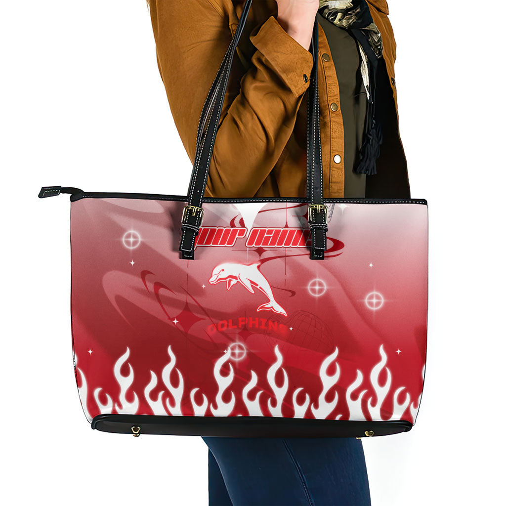 Personalized Dolphins Leather Tote Bag Y2K Grunge Aesthetic With Cyber Flames and Starburst Graphics