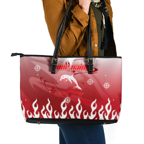 Personalized Dolphins Leather Tote Bag Y2K Grunge Aesthetic With Cyber Flames and Starburst Graphics
