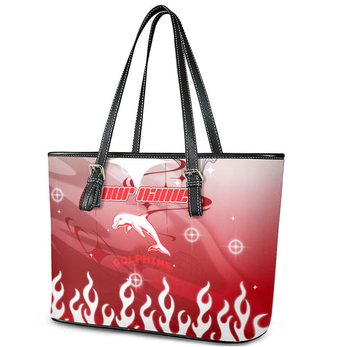 Personalized Dolphins Leather Tote Bag Y2K Grunge Aesthetic With Cyber Flames and Starburst Graphics