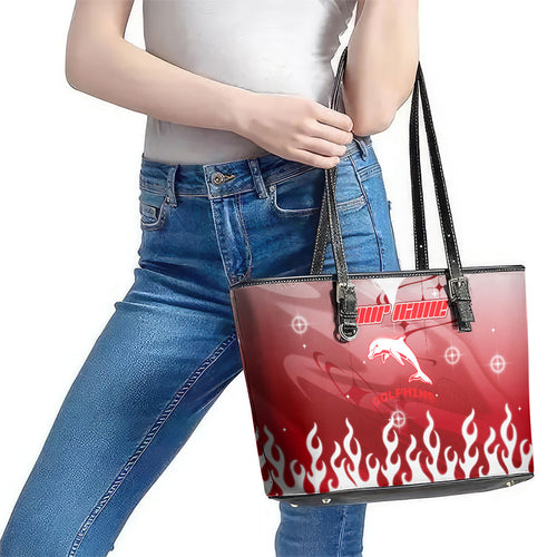Personalized Dolphins Leather Tote Bag Y2K Grunge Aesthetic With Cyber Flames and Starburst Graphics