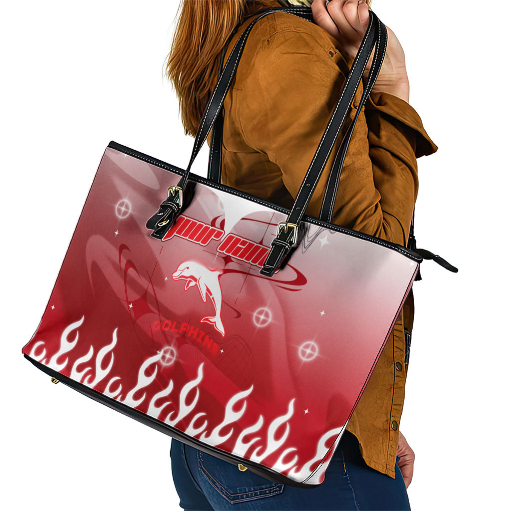 Personalized Dolphins Leather Tote Bag Y2K Grunge Aesthetic With Cyber Flames and Starburst Graphics