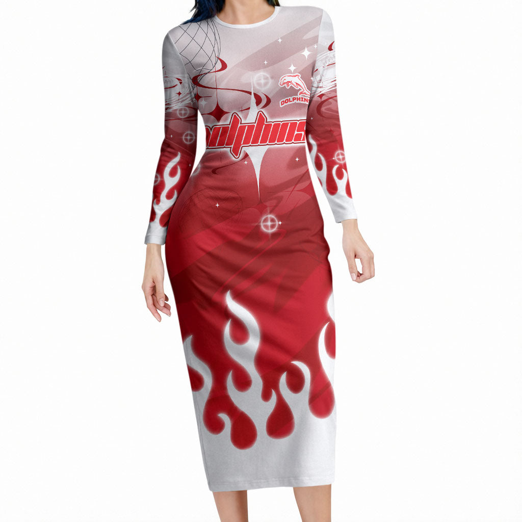 Personalized Dolphins Long Sleeve Bodycon Dress Y2K Grunge Aesthetic With Cyber Flames and Starburst Graphics