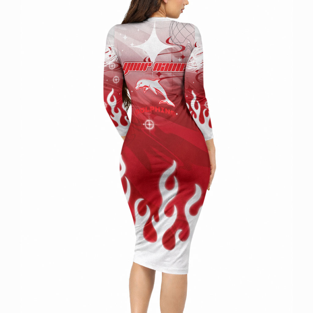 Personalized Dolphins Long Sleeve Bodycon Dress Y2K Grunge Aesthetic With Cyber Flames and Starburst Graphics