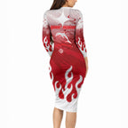 Personalized Dolphins Long Sleeve Bodycon Dress Y2K Grunge Aesthetic With Cyber Flames and Starburst Graphics