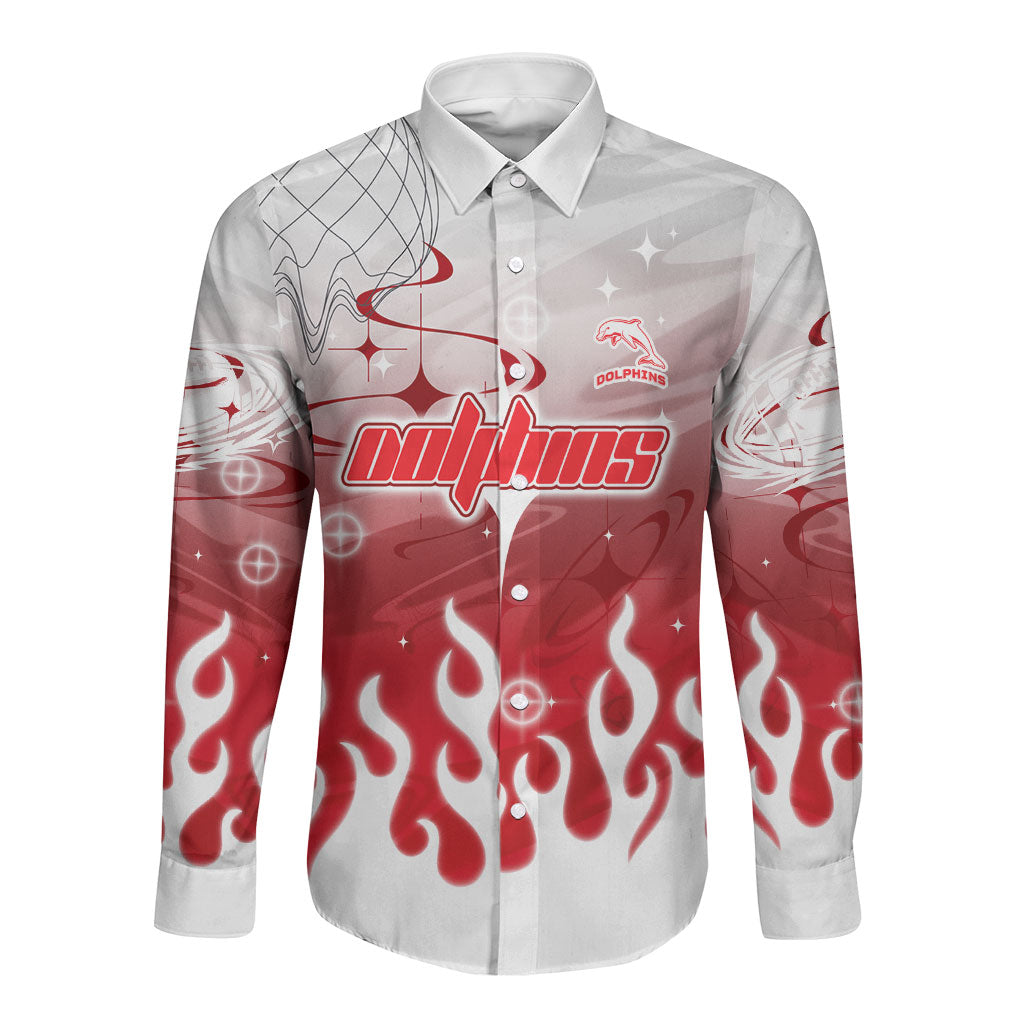 Personalized Dolphins Long Sleeve Button Shirt Y2K Grunge Aesthetic With Cyber Flames and Starburst Graphics