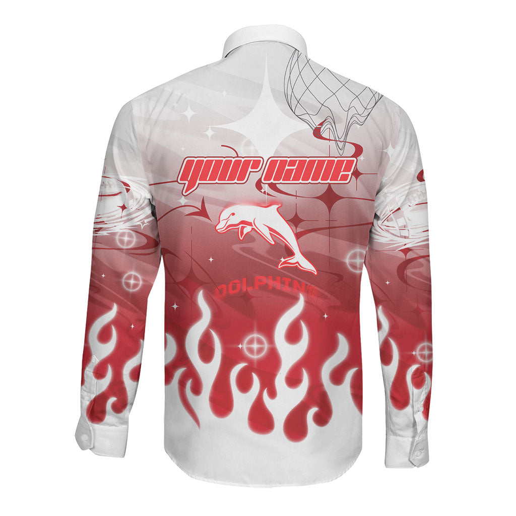 Personalized Dolphins Long Sleeve Button Shirt Y2K Grunge Aesthetic With Cyber Flames and Starburst Graphics
