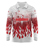 Personalized Dolphins Long Sleeve Polo Shirt Y2K Grunge Aesthetic With Cyber Flames and Starburst Graphics