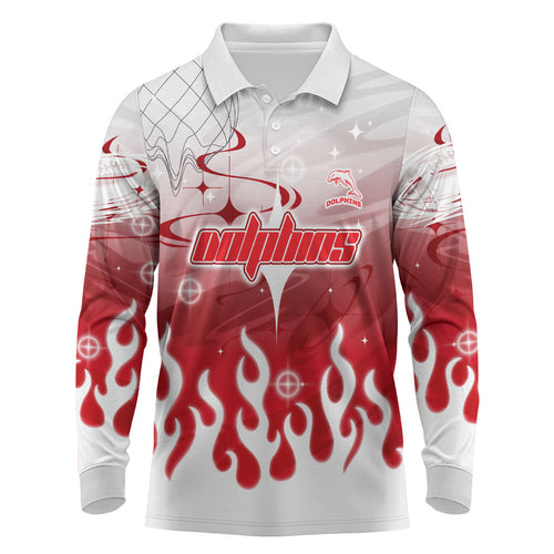 Personalized Dolphins Long Sleeve Polo Shirt Y2K Grunge Aesthetic With Cyber Flames and Starburst Graphics