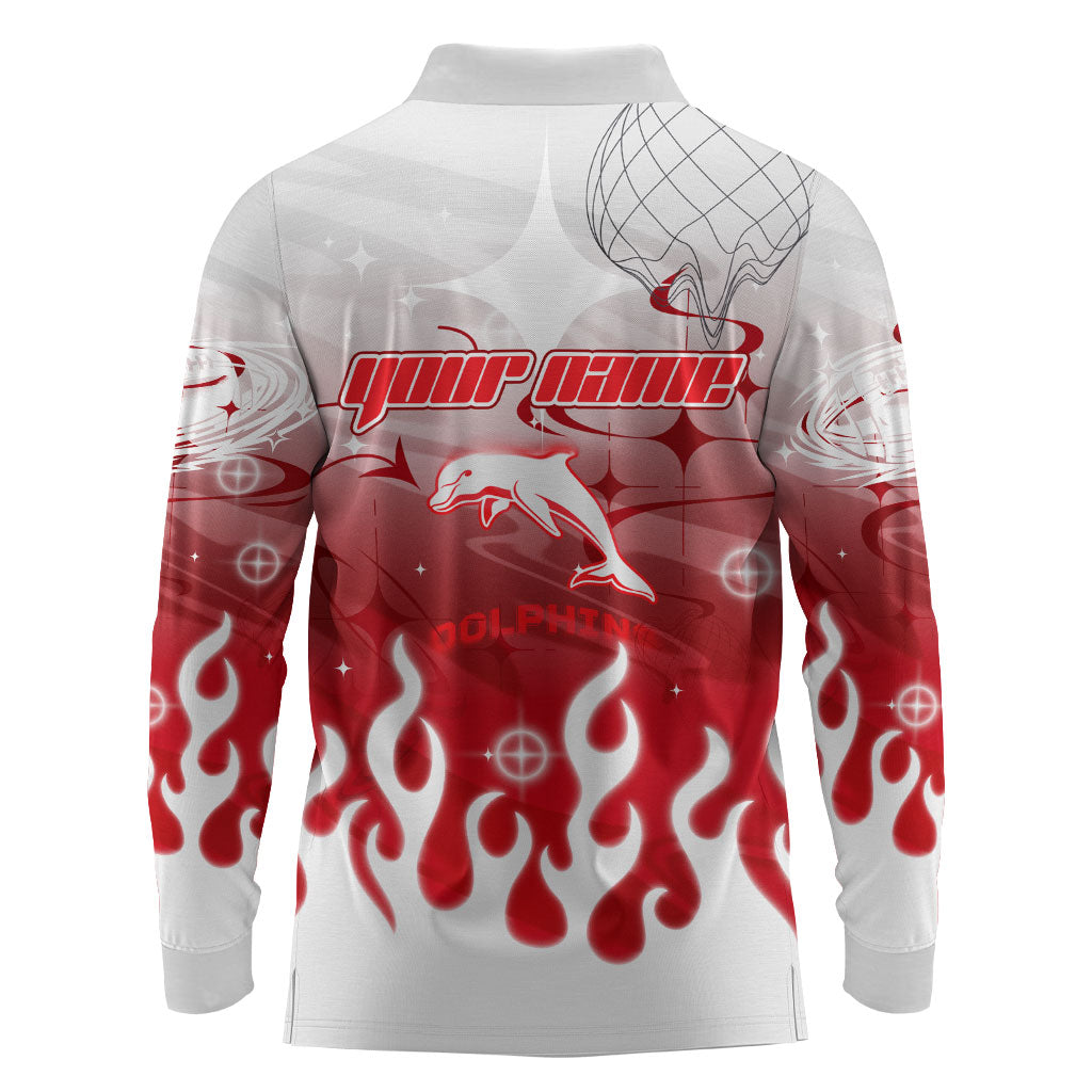 Personalized Dolphins Long Sleeve Polo Shirt Y2K Grunge Aesthetic With Cyber Flames and Starburst Graphics