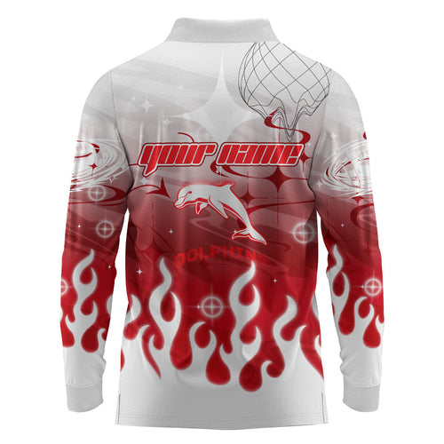 Personalized Dolphins Long Sleeve Polo Shirt Y2K Grunge Aesthetic With Cyber Flames and Starburst Graphics