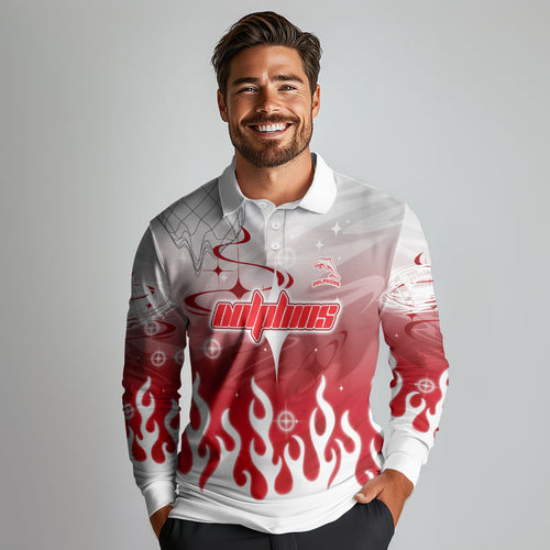 Personalized Dolphins Long Sleeve Polo Shirt Y2K Grunge Aesthetic With Cyber Flames and Starburst Graphics