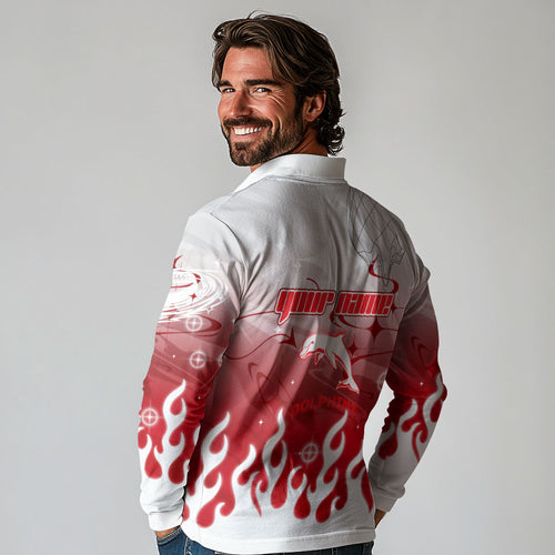 Personalized Dolphins Long Sleeve Polo Shirt Y2K Grunge Aesthetic With Cyber Flames and Starburst Graphics