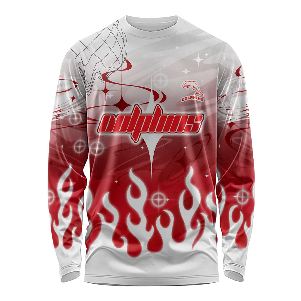 Personalized Dolphins Long Sleeve Shirt Y2K Grunge Aesthetic With Cyber Flames and Starburst Graphics