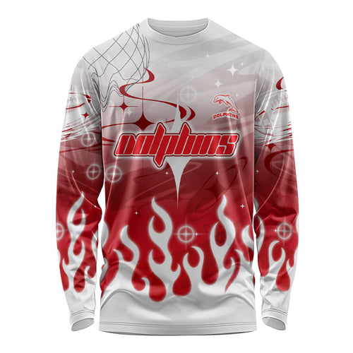 Personalized Dolphins Long Sleeve Shirt Y2K Grunge Aesthetic With Cyber Flames and Starburst Graphics
