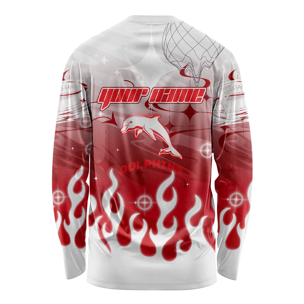 Personalized Dolphins Long Sleeve Shirt Y2K Grunge Aesthetic With Cyber Flames and Starburst Graphics