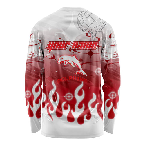 Personalized Dolphins Long Sleeve Shirt Y2K Grunge Aesthetic With Cyber Flames and Starburst Graphics