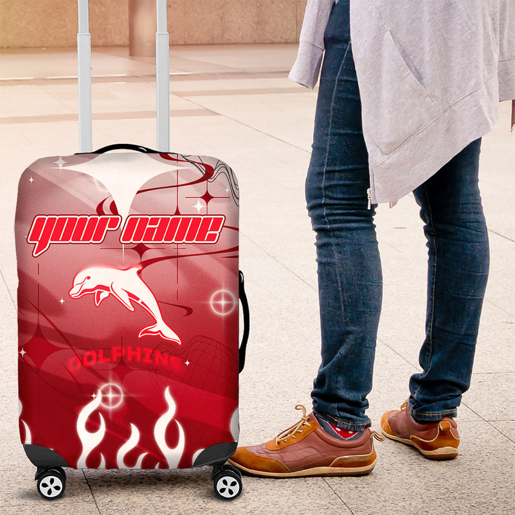 Personalized Dolphins Luggage Cover Y2K Grunge Aesthetic With Cyber Flames and Starburst Graphics