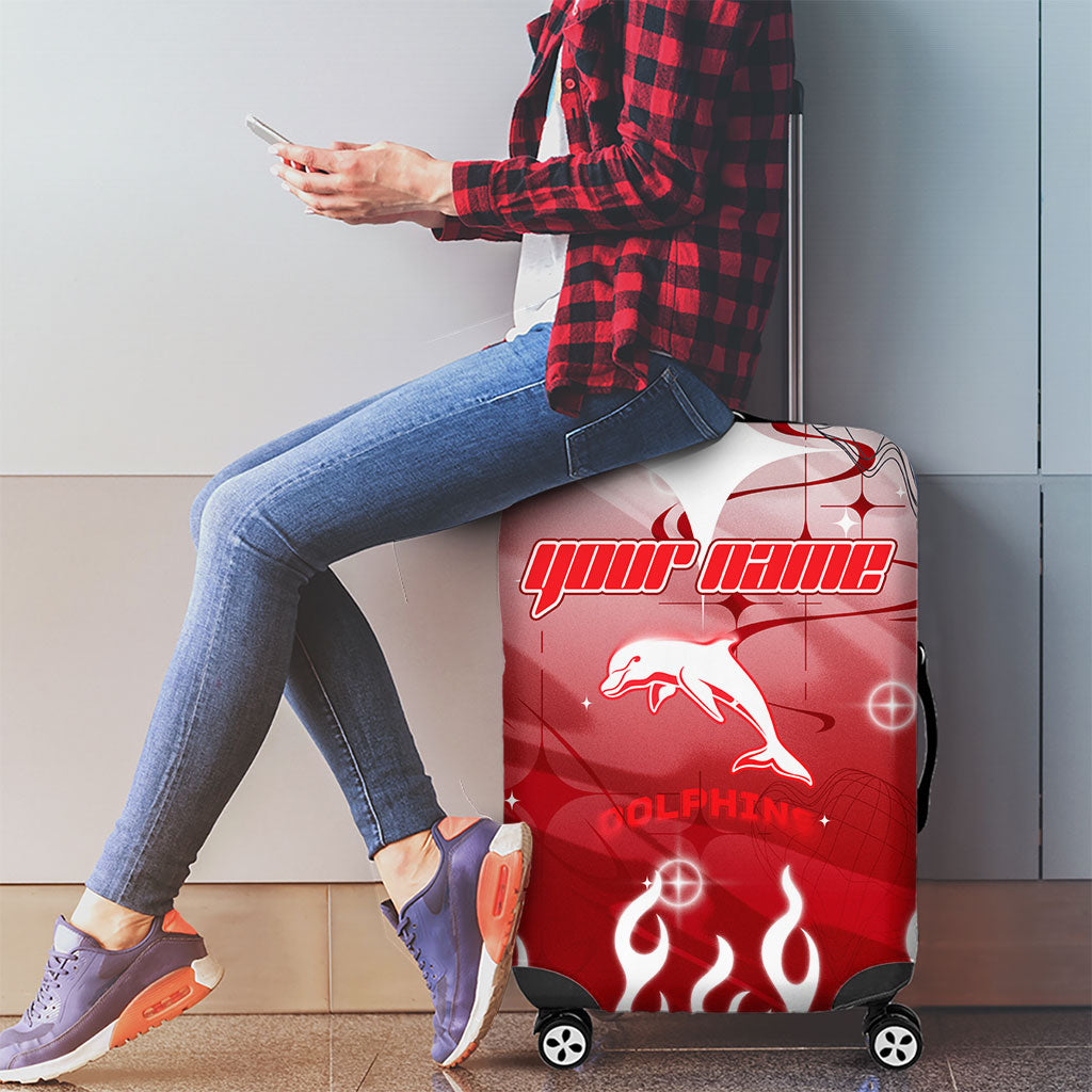 Personalized Dolphins Luggage Cover Y2K Grunge Aesthetic With Cyber Flames and Starburst Graphics