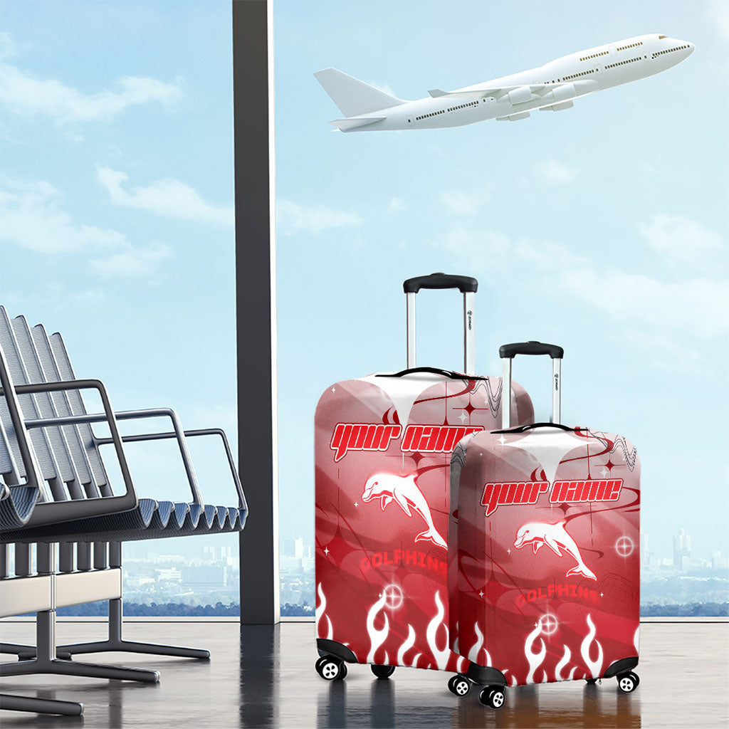 Personalized Dolphins Luggage Cover Y2K Grunge Aesthetic With Cyber Flames and Starburst Graphics