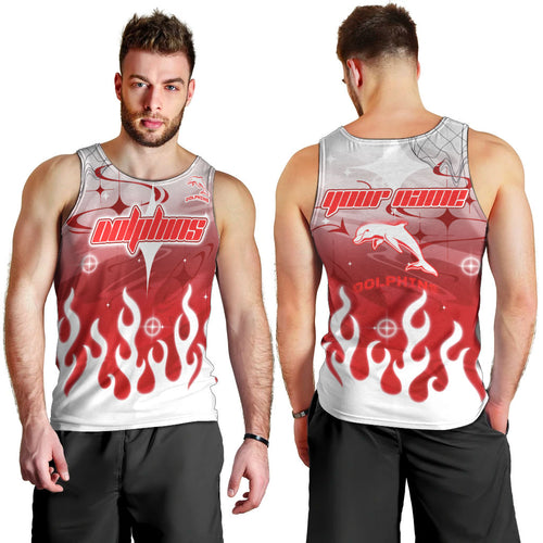Personalized Dolphins Men Tank Top Y2K Grunge Aesthetic With Cyber Flames and Starburst Graphics