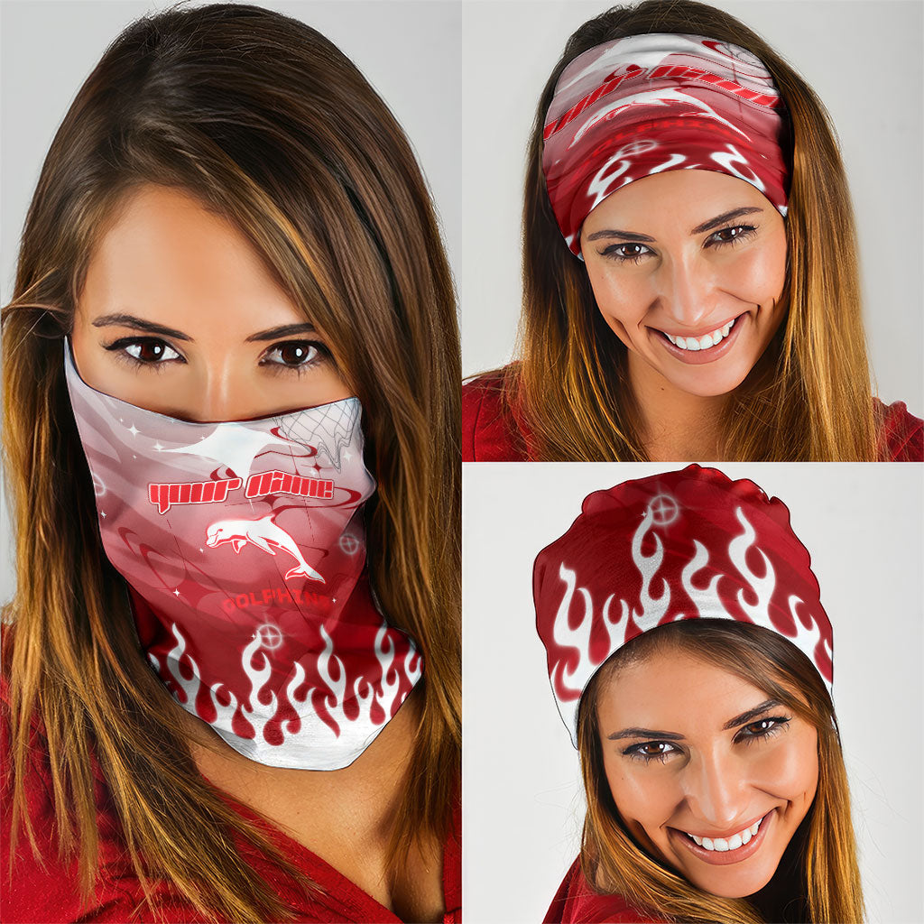 Personalized Dolphins Neck Gaiter Y2K Grunge Aesthetic With Cyber Flames and Starburst Graphics