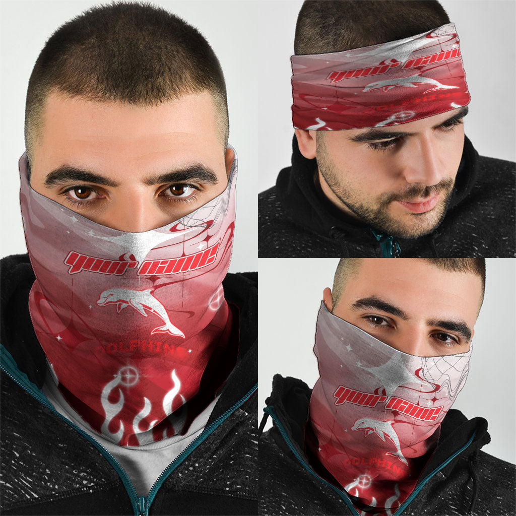 Personalized Dolphins Neck Gaiter Y2K Grunge Aesthetic With Cyber Flames and Starburst Graphics