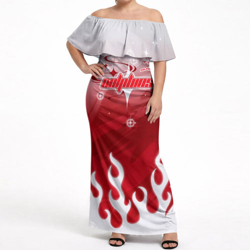 Personalized Dolphins Off Shoulder Maxi Dress Y2K Grunge Aesthetic With Cyber Flames and Starburst Graphics