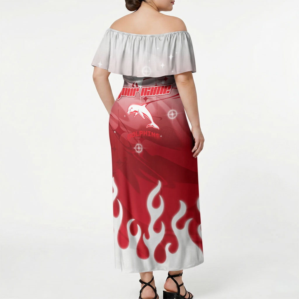 Personalized Dolphins Off Shoulder Maxi Dress Y2K Grunge Aesthetic With Cyber Flames and Starburst Graphics