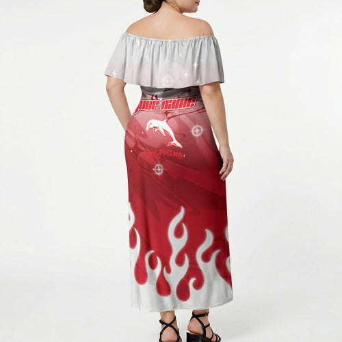Personalized Dolphins Off Shoulder Maxi Dress Y2K Grunge Aesthetic With Cyber Flames and Starburst Graphics
